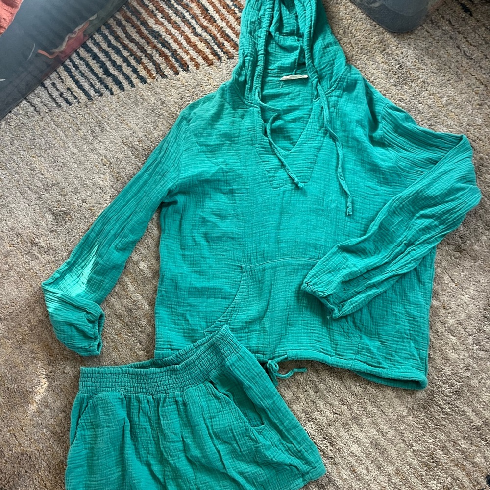Ron Jon Turquoise Two-Piece Hooded Top and Shorts Set